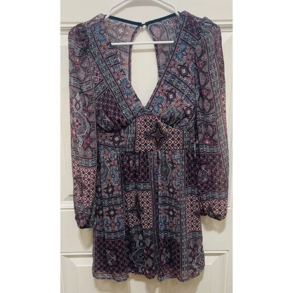 Honey and Rosie Boho Paisley Print Long Sleeve Mini Dress Navy Pink Size 5